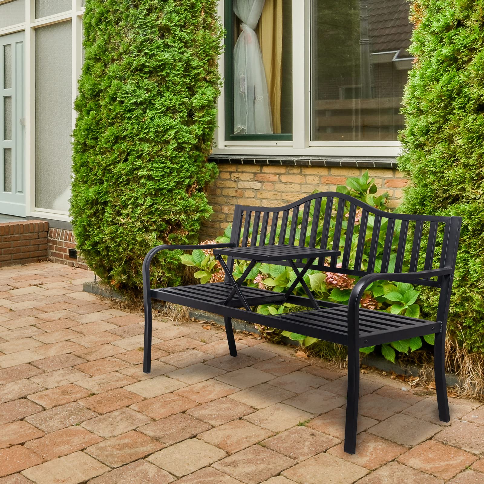 59" Outdoor Bench Metal with Built in Table & Waterproof Cover