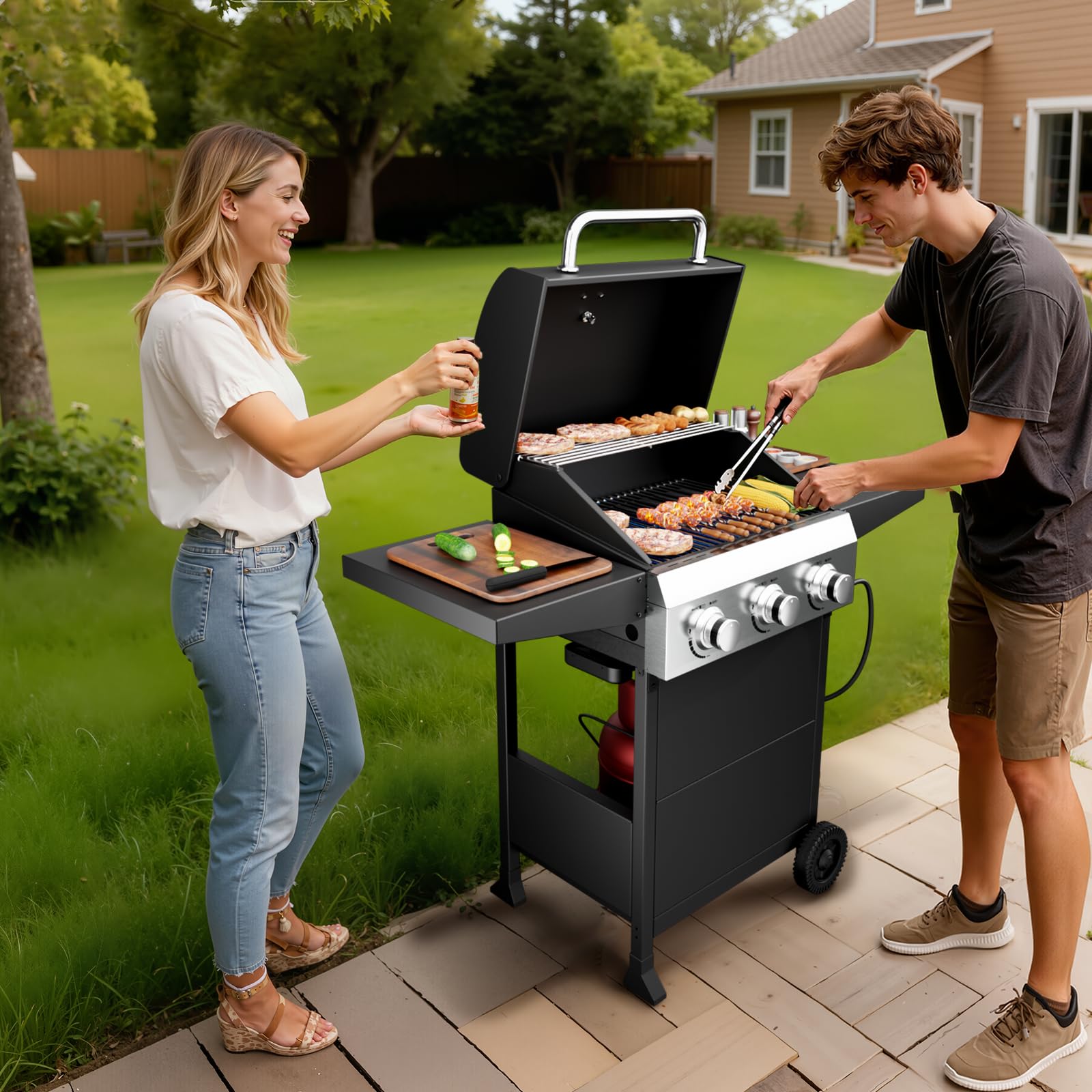 ROVSUN 3-Burner 36,000 BTU Propane Grill with Foldable Side Tables & Wheels