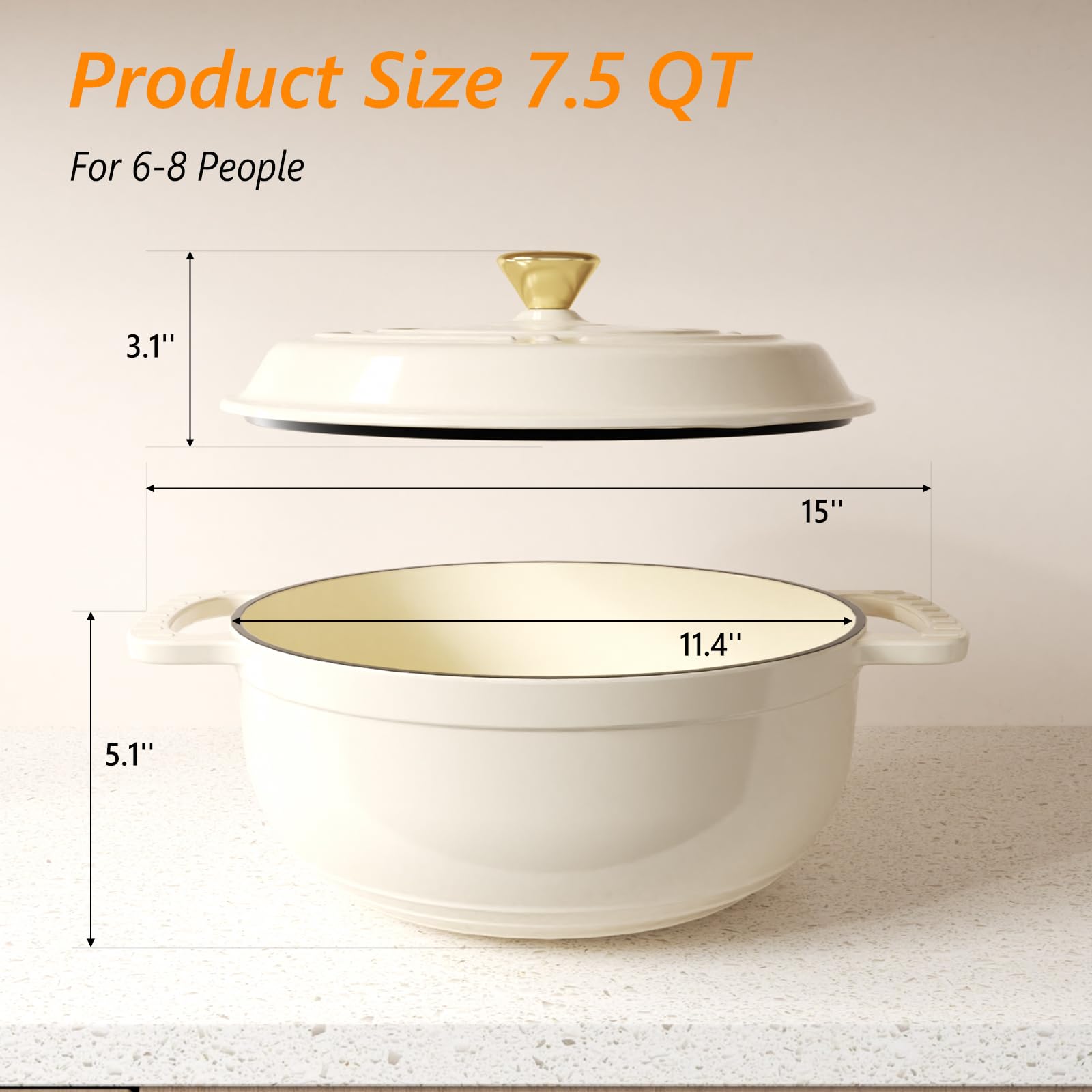 ROVSUN 7.5 QT Enameled Cast Iron Round Dutch Oven Cream White