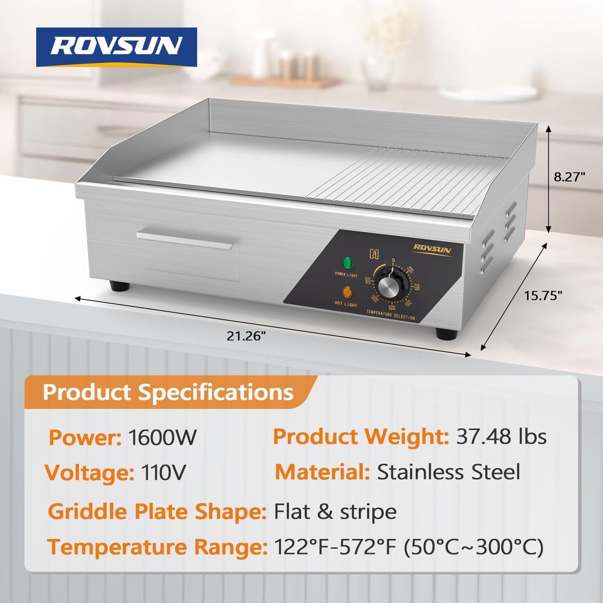 ROVSUN 22" 1600W 110V Electric Griddle Countertop with Half Flat Top Griddle