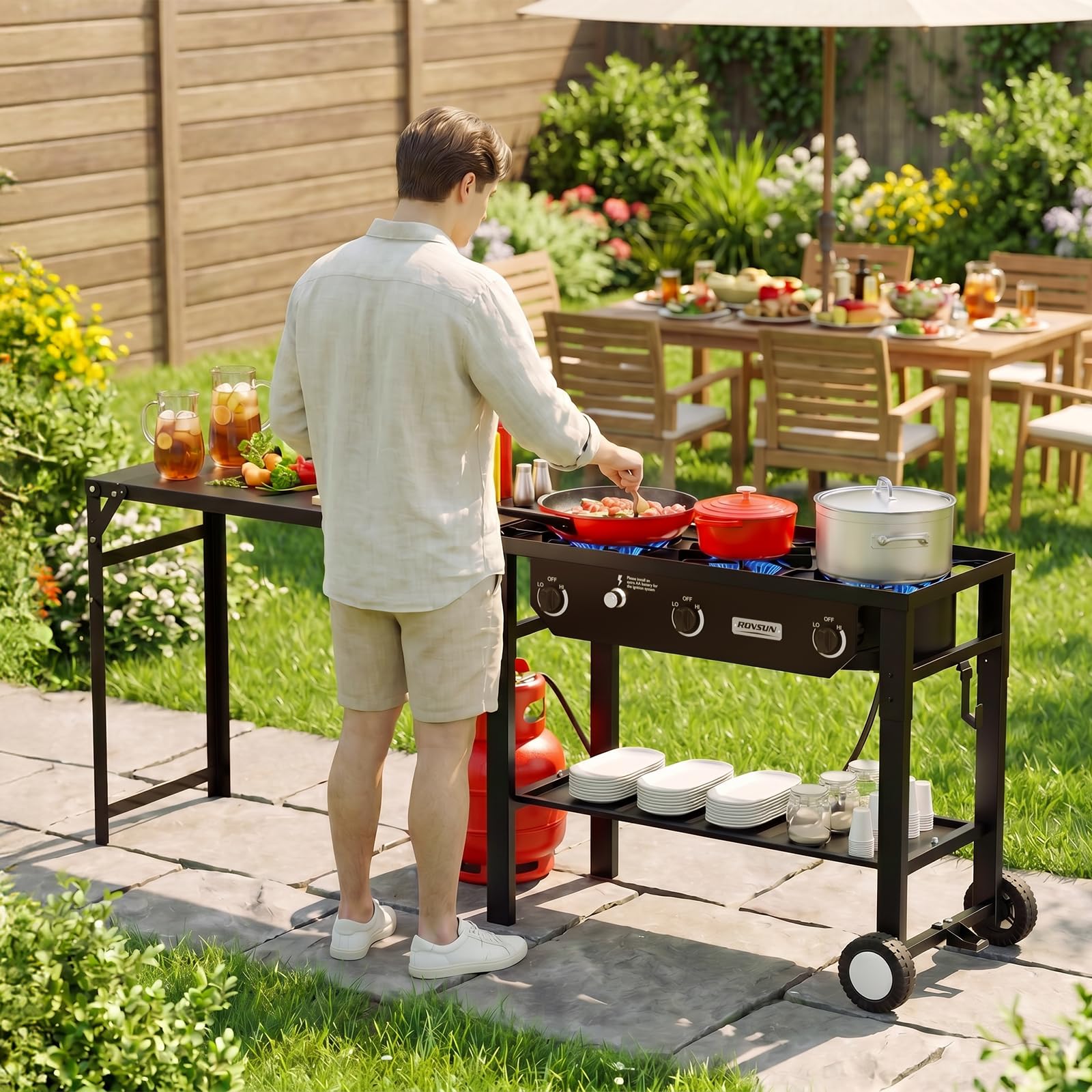 ROVSUN 3-Burner 225000 BTU Outdoor Camping Propane Stove with Foldable Work Station