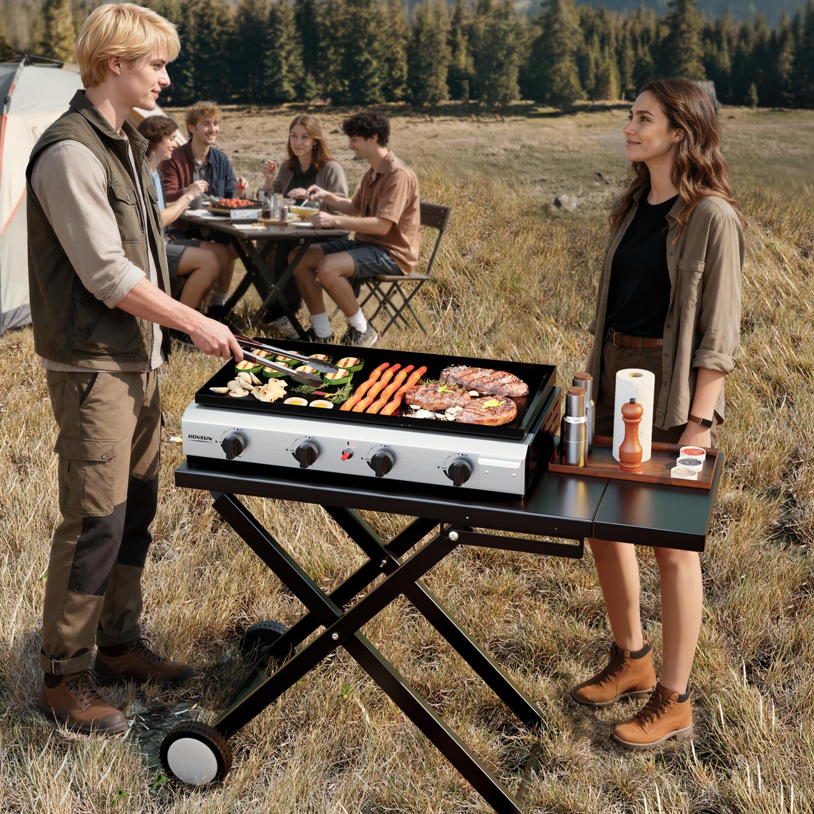 ROVSUN 4-Burner 40,000 BTU Foldable Propane Griddle with Wheels