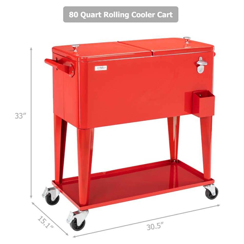 80 Quart Portable Outdoor Patio Rolling Cooler Cart Red