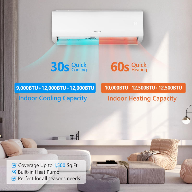 ROVSUN 3 Zone 9000 + 12000 + 12000 / 27000 BTU Wifi Mini Split Air Conditioner Ductless 19 SEER2 230V with Heat Pump & 25Ft Install Kit