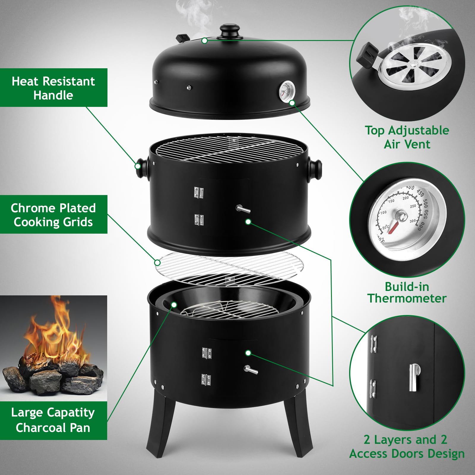 ROVSUN 17" 3-in-1 Portable Outdoor Grill Cooker with Built-in Thermometer