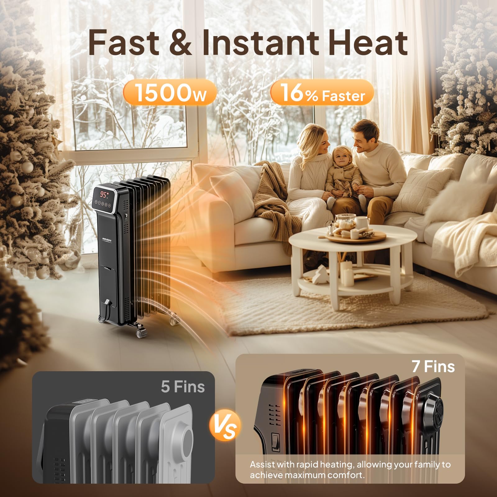 ROVSUN 1500W 120V Oil Filled Radiator Heater with Remote & APP Black