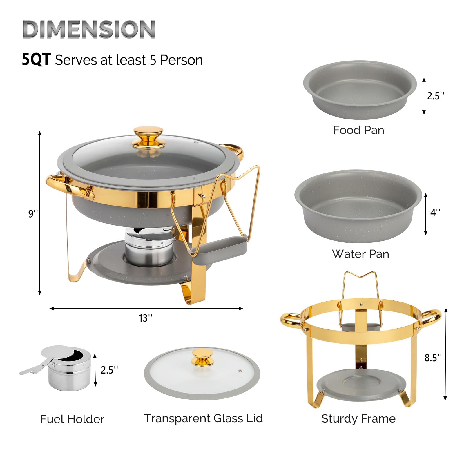 ROVSUN 5 QT Round Gray-Gold Chafing Dish Buffet Set with Lid Holder