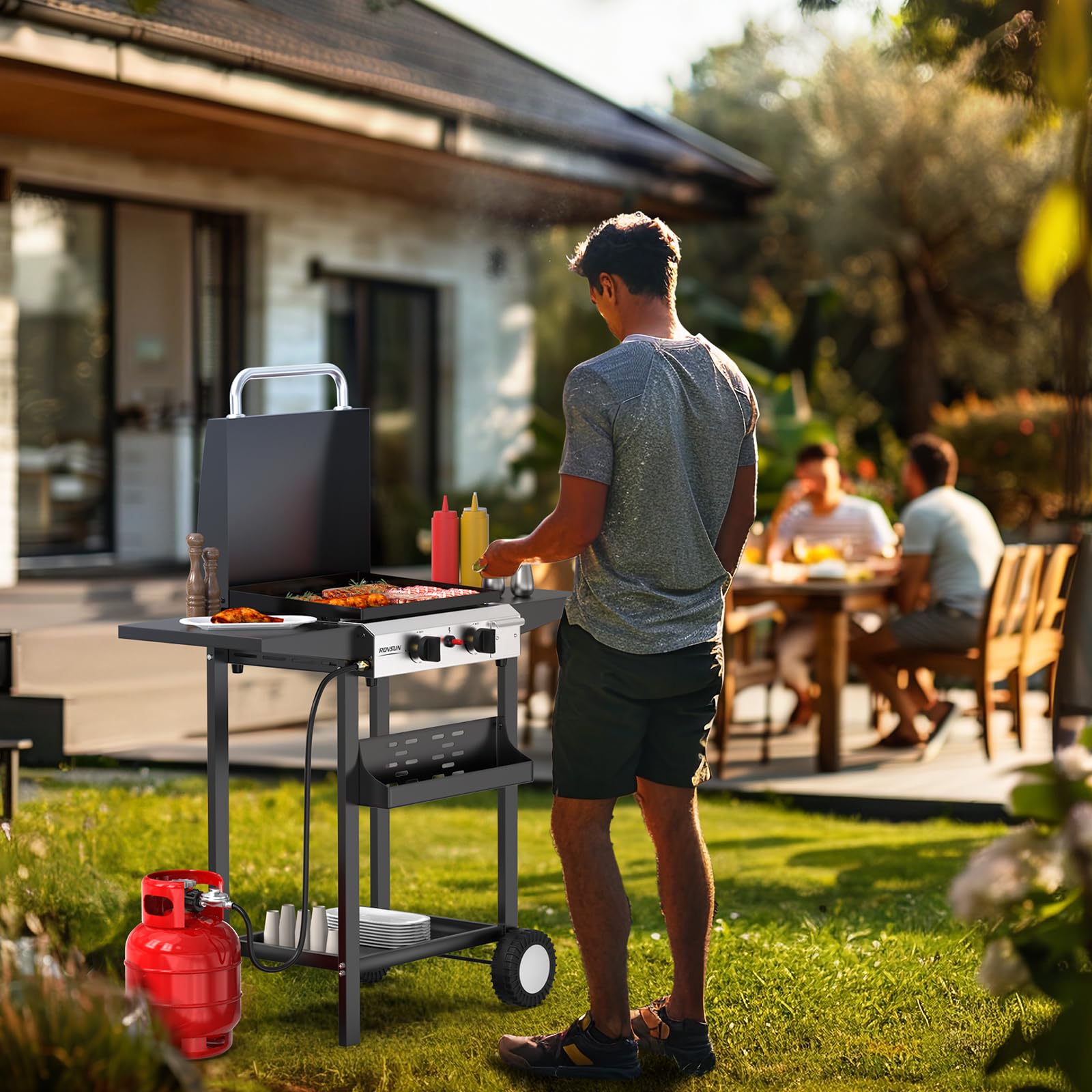 ROVSUN 2 Burner 20,000 BTU Portable Propane Rolling Flat Top Gas Grill with Stand & Lid