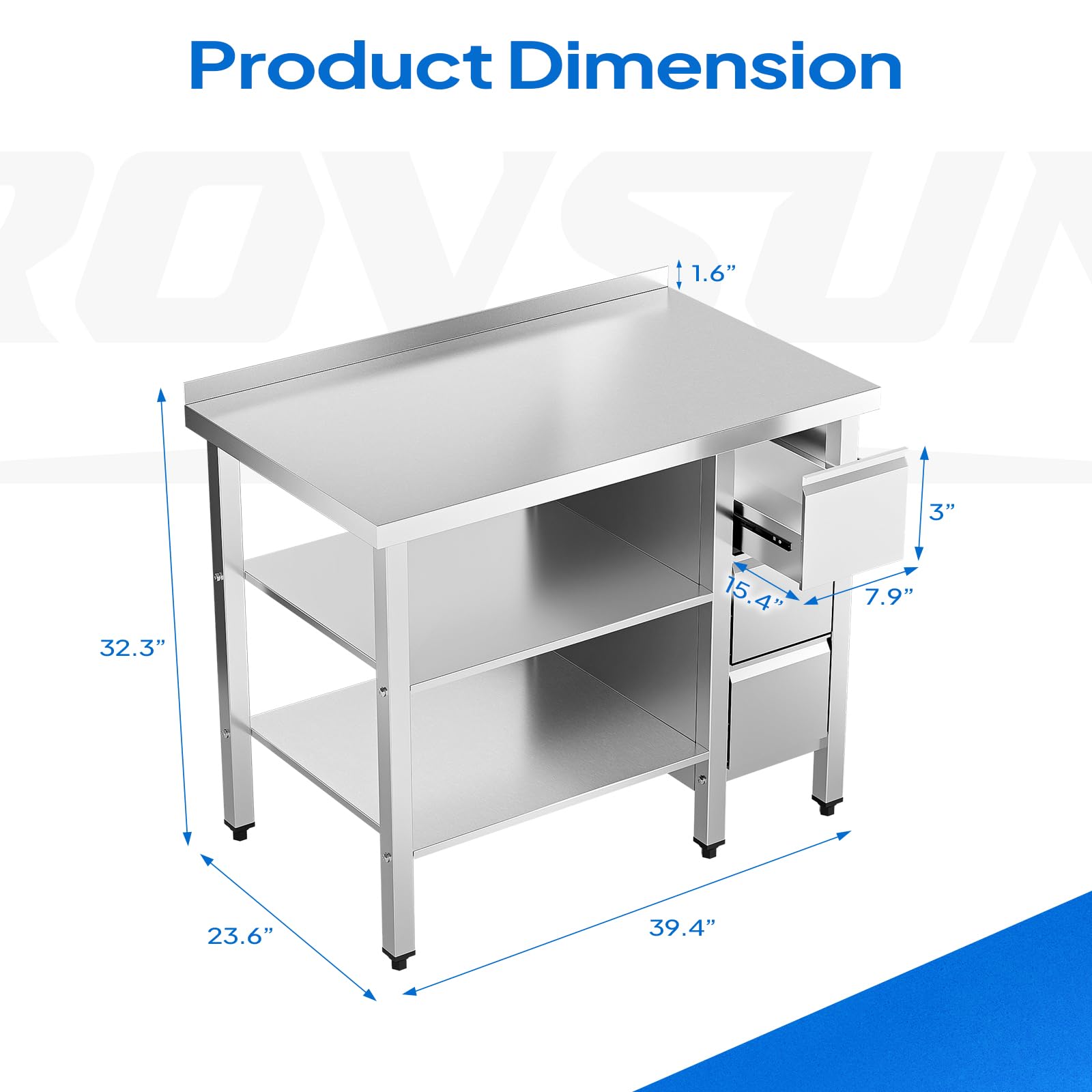ROVSUN 39" x 24" Stainless Steel Kitchen Work Table with 3 Drawers