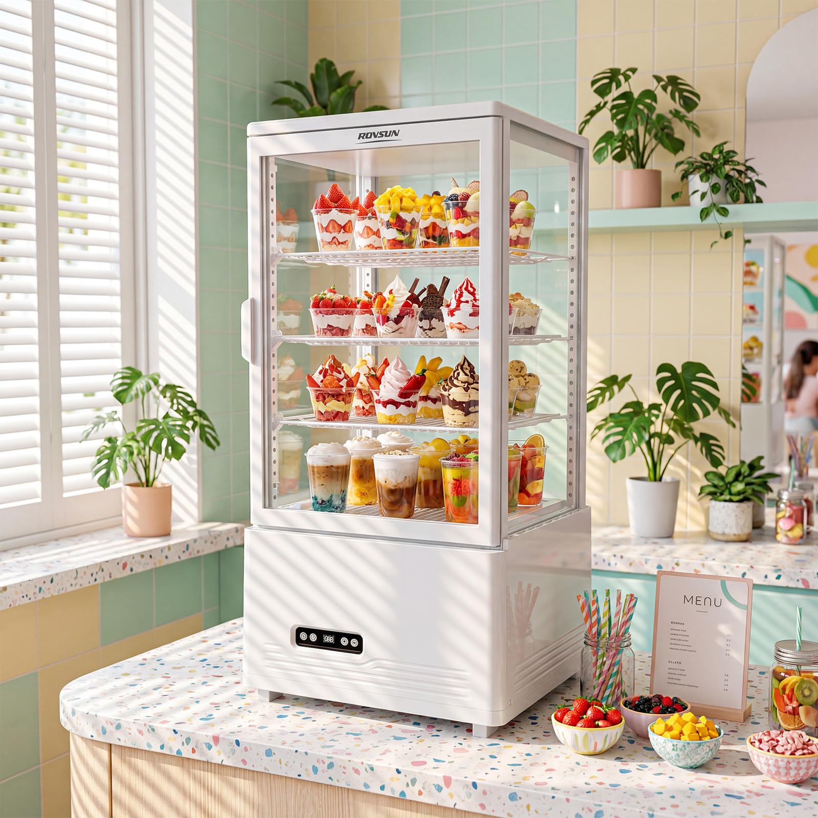 ROVSUN 18" 3 Cu.Ft. Four-Sided White Refrigerated Countertop Bakery Display Case