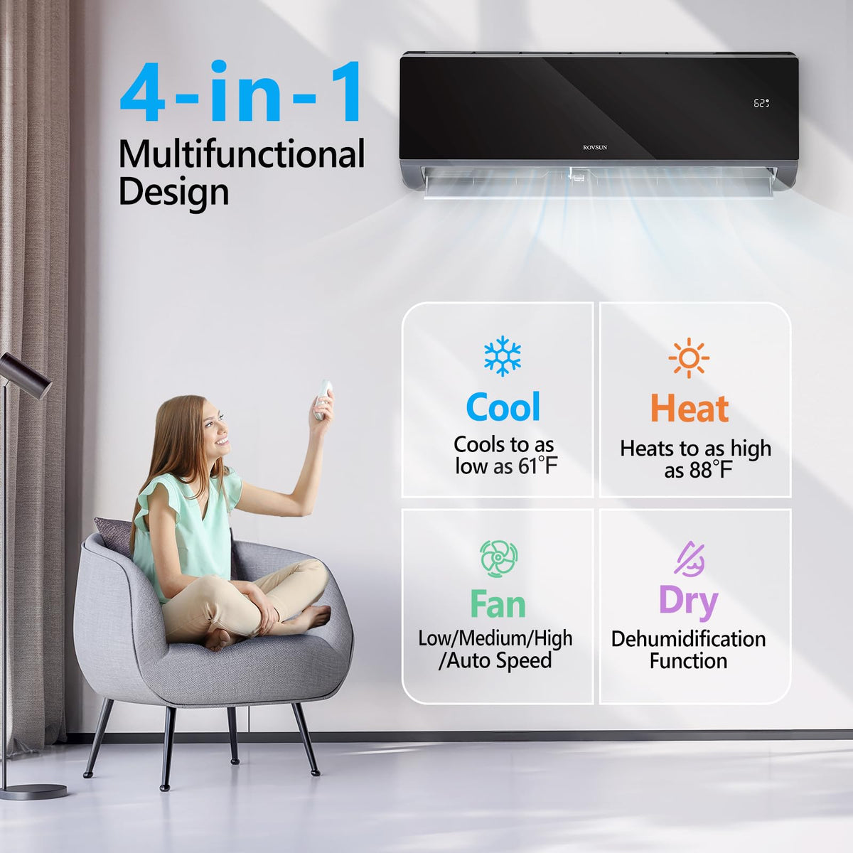 ROVSUN 9,000 BTU Black Mini Split Air Conditioner with Heat 115V - Wifi