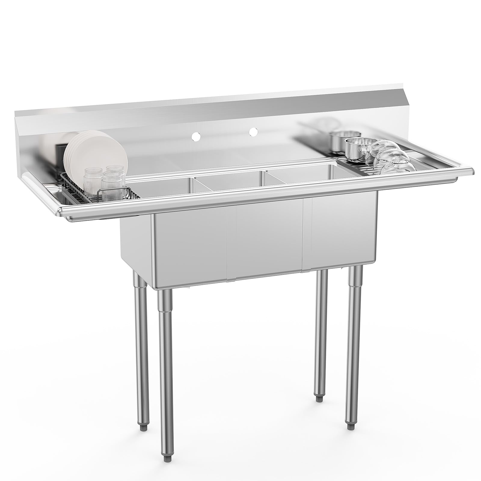 ROVSUN 54" x 20" 3 Compartment 304 Stainless Steel Sink with 2 Drainboards