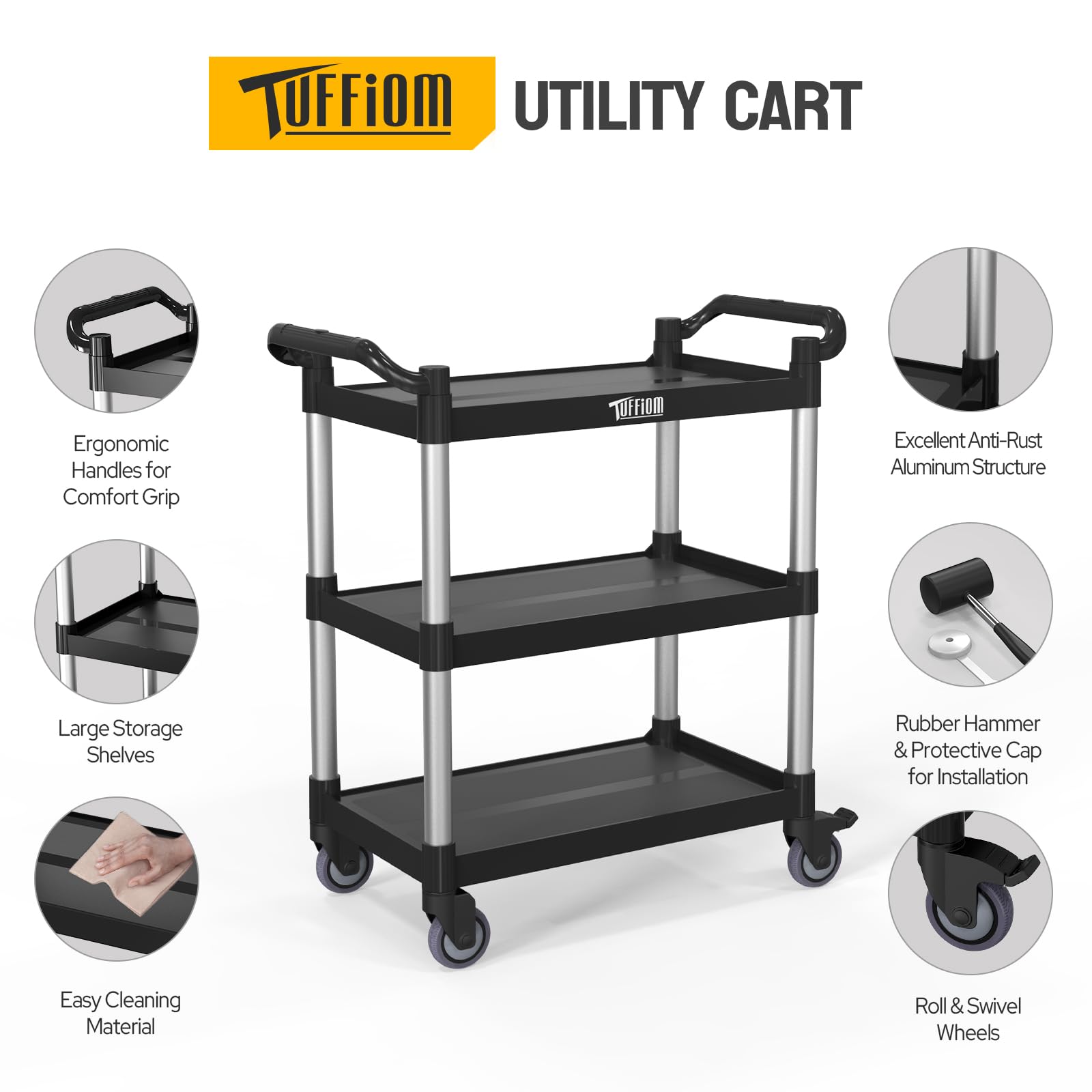 3-Tier 35" x 17" 390 lb. Capacity Plastic Utility Cart/Bussing Cart Black