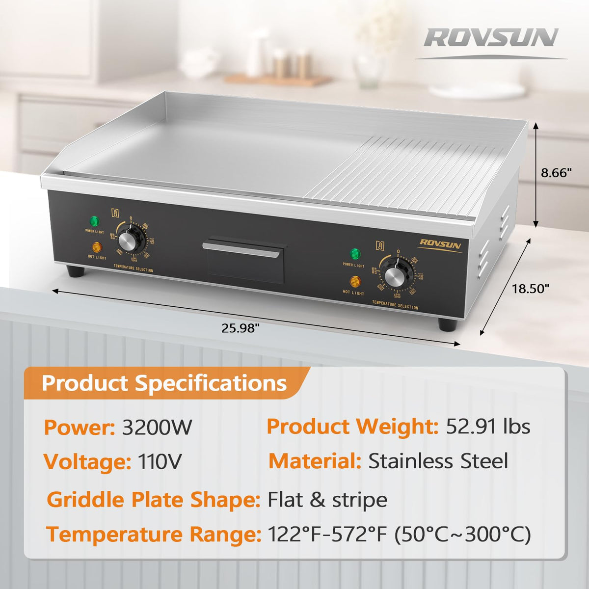 ROVSUN 26" 3200W 110V Electric Griddle Countertop with Half Flat Top Griddle