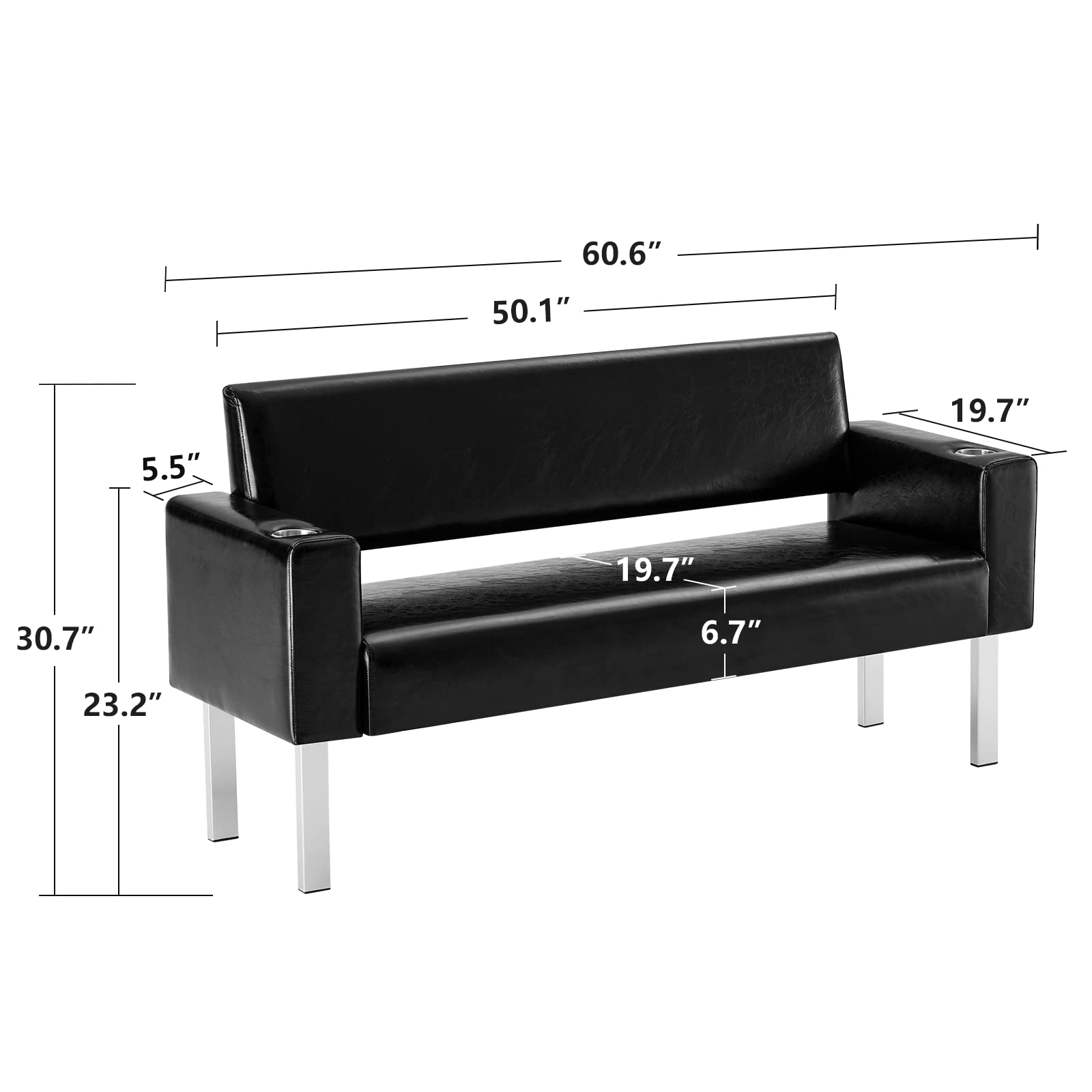 60.6" Waiting Chair Bench Seating Faux Leather with 2 Cup Holder Black
