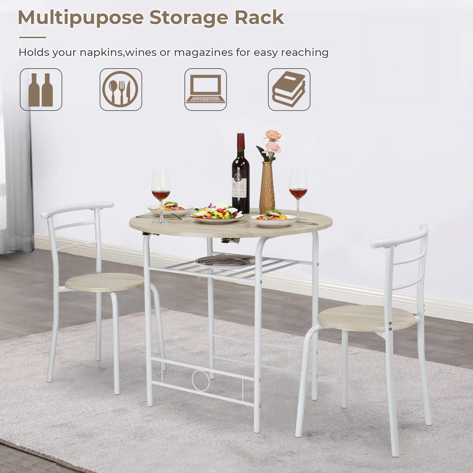 3 Piece Drop Leaf Dining Set Round Folding Table and 2 Chairs White Oak