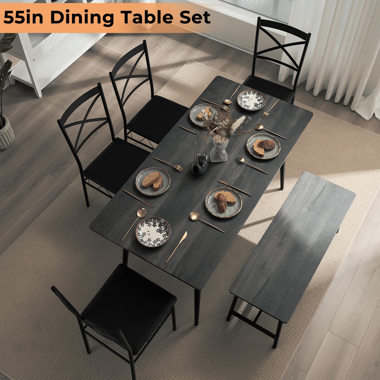 6 Piece Dining Set Wooden Table and 4 Upholstered Chairs Bench Dark Grey