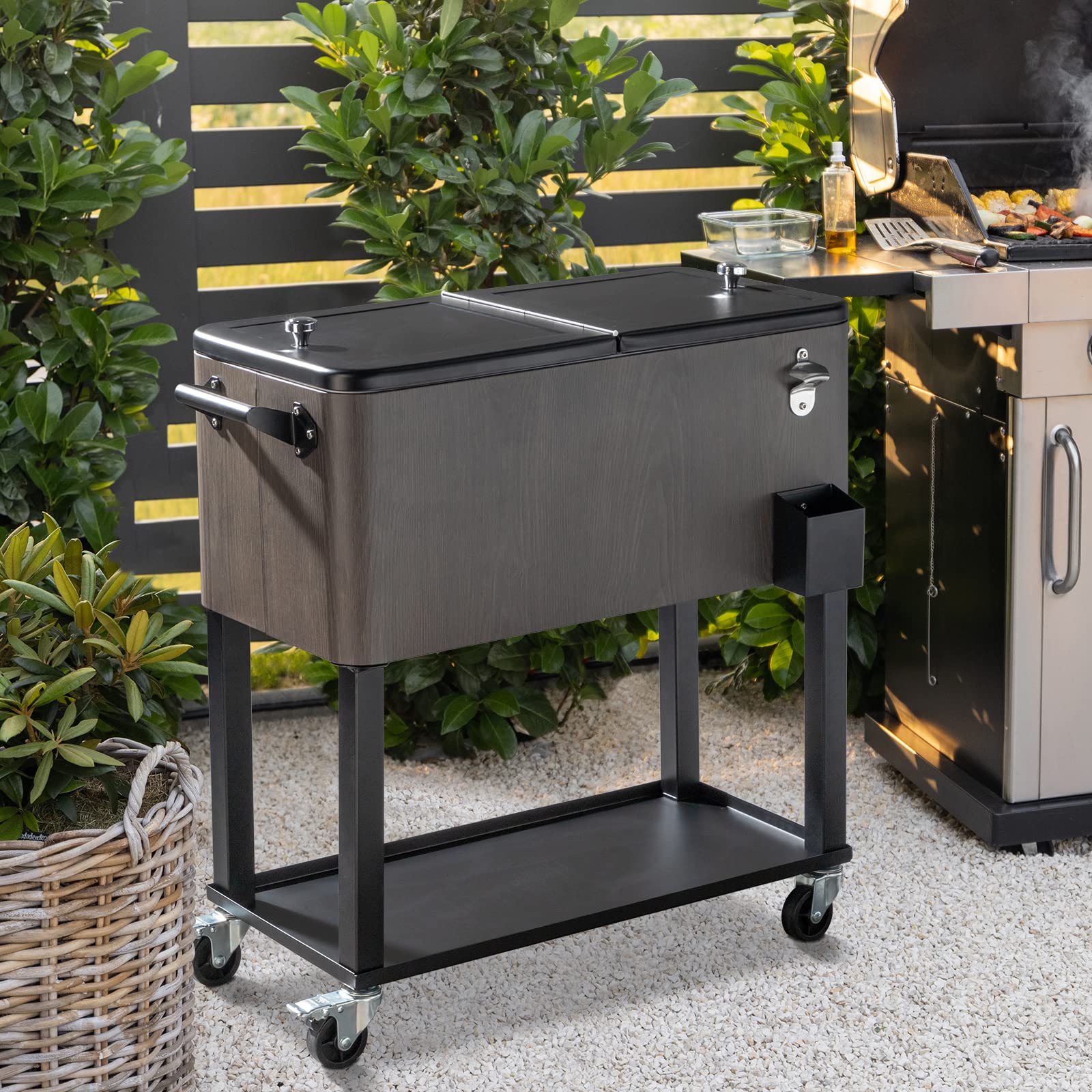 80 Quart Portable Outdoor Patio Rolling Cooler Cart Dark Grey
