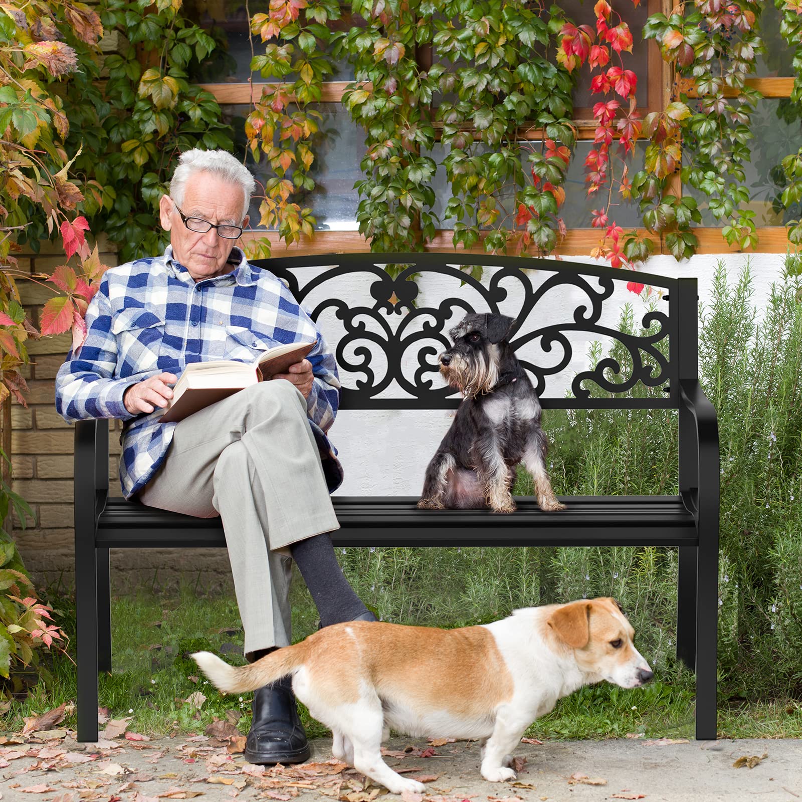 50" Outdoor Bench Metal with Floral Back