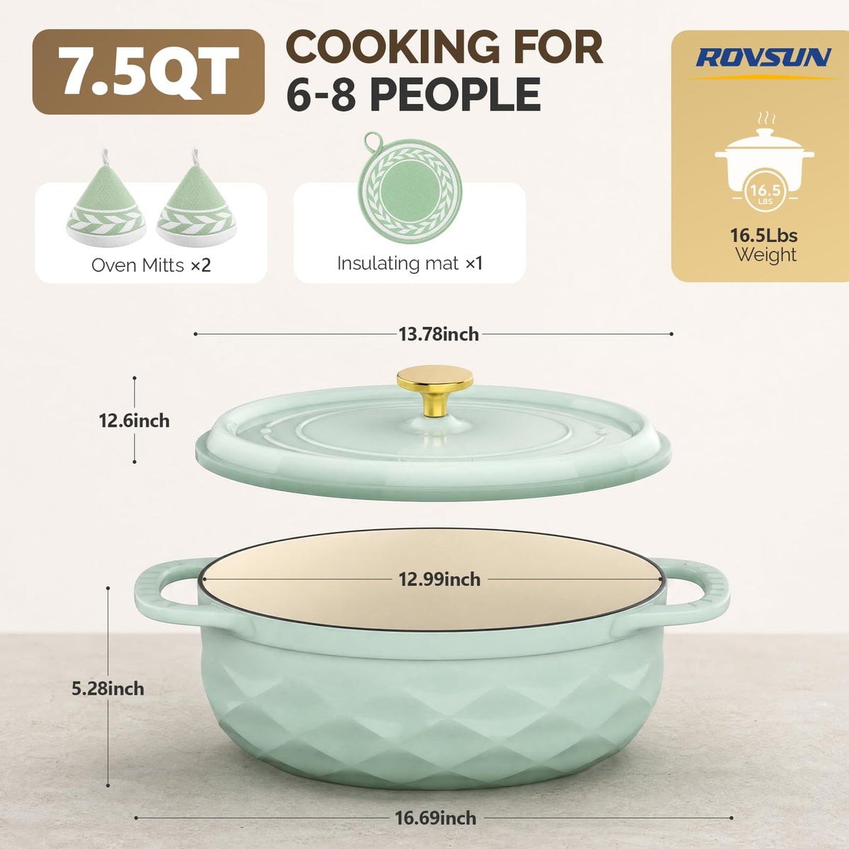 ROVSUN 7.5 QT Oval Enameled Cast Iron Dutch Oven Pot Green