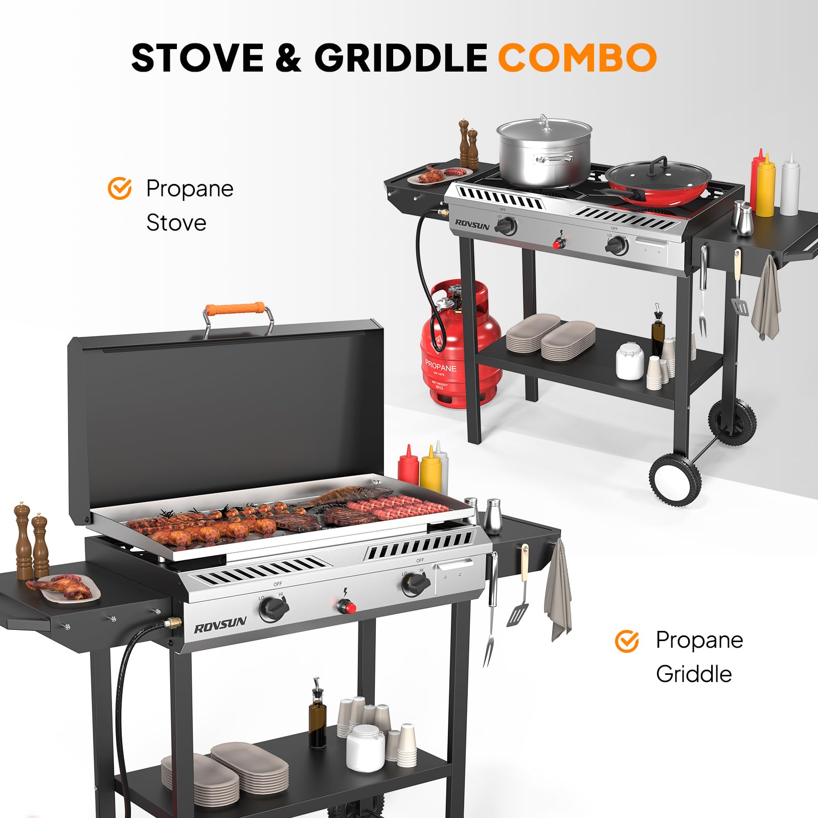 ROVSUN 2-in-1 150,000 BTU Gas Propane Stove & Griddle Combo with Side Shelves & Wheels