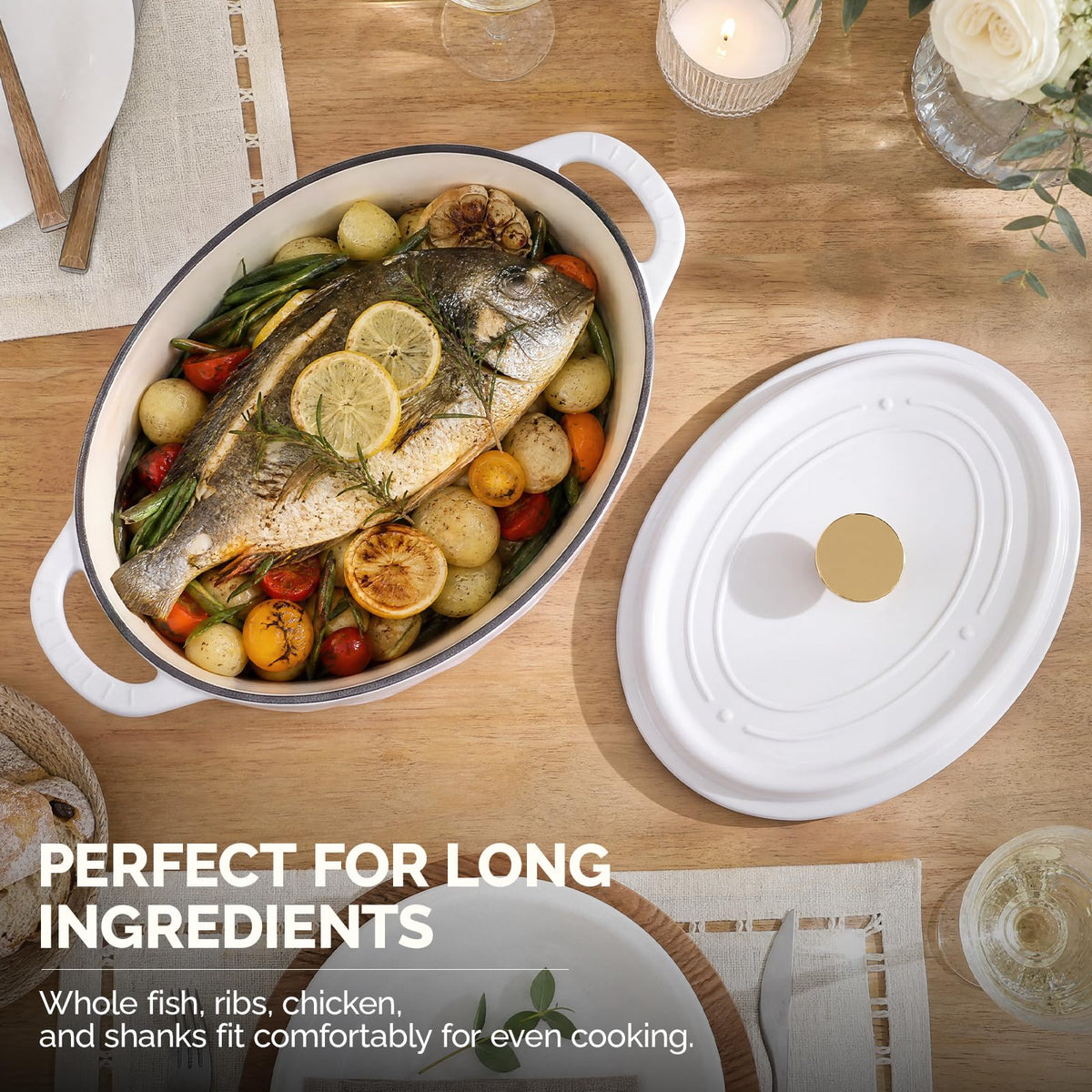 ROVSUN 7.5 QT Oval Enameled Cast Iron Dutch Oven Pot White