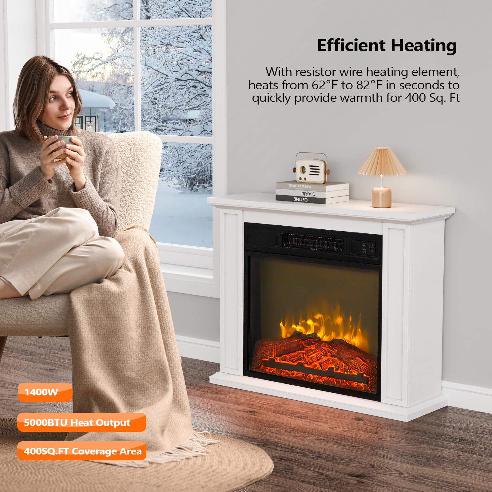 ROVSUN 27'' 1400W 120V Electric Fireplace with Mantel & Remote