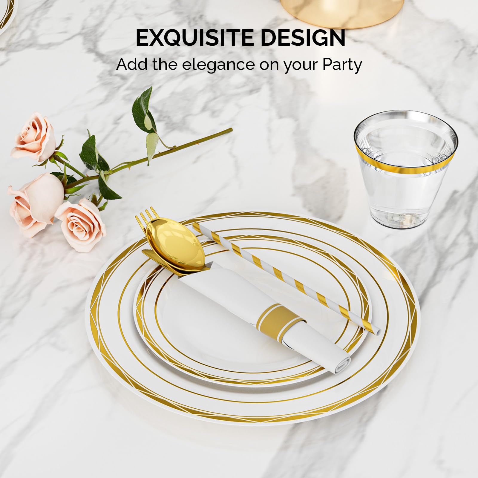 ROVSUN 800 Pieces Pre Rolled Napkins Disposable Plastic Dinnerware Set Gold
