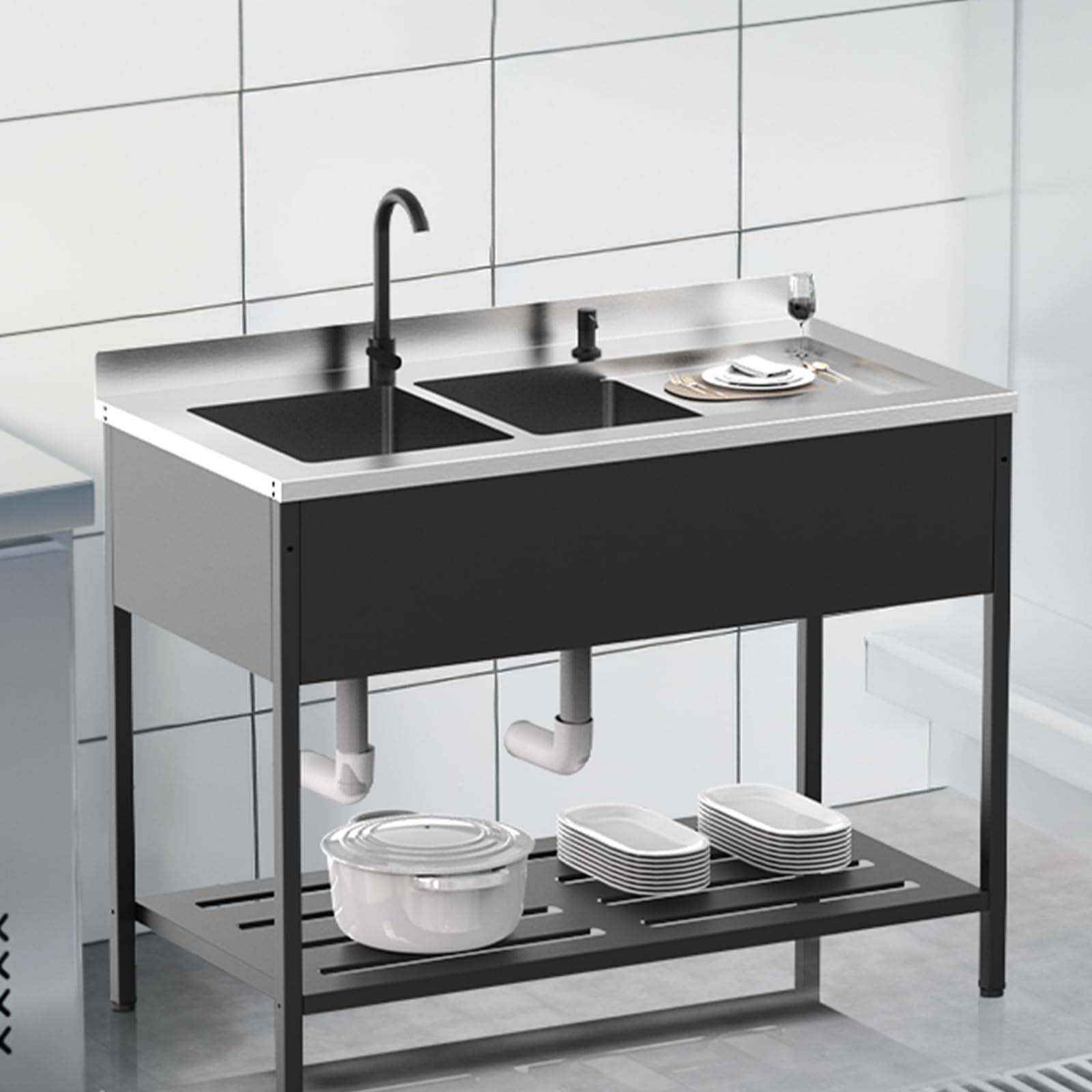 ROVSUN 48" x 24" Stainless Steel Double Bowl Utility Sink with Faucet