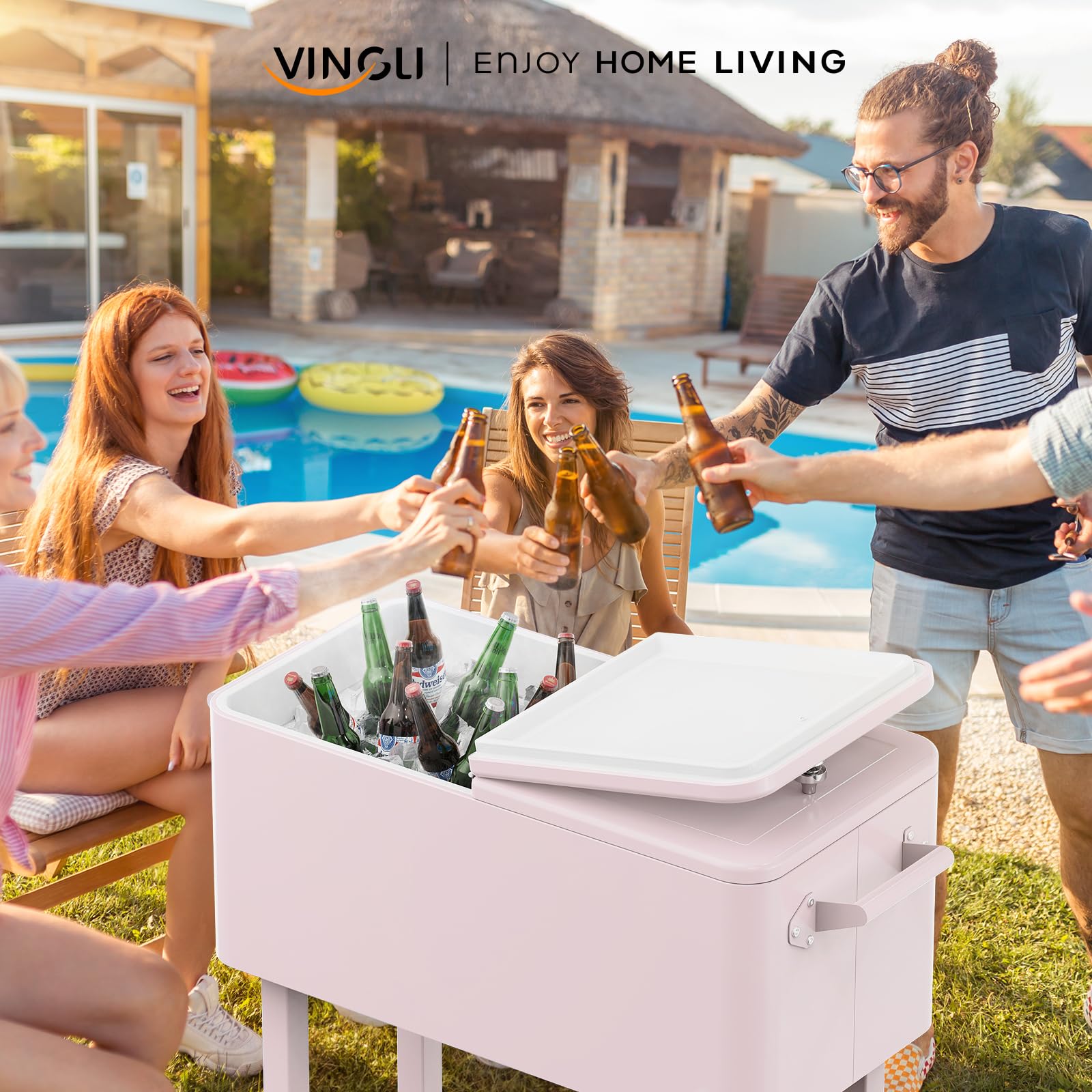 80 Quart Portable Outdoor Patio Rolling Cooler Cart Pink