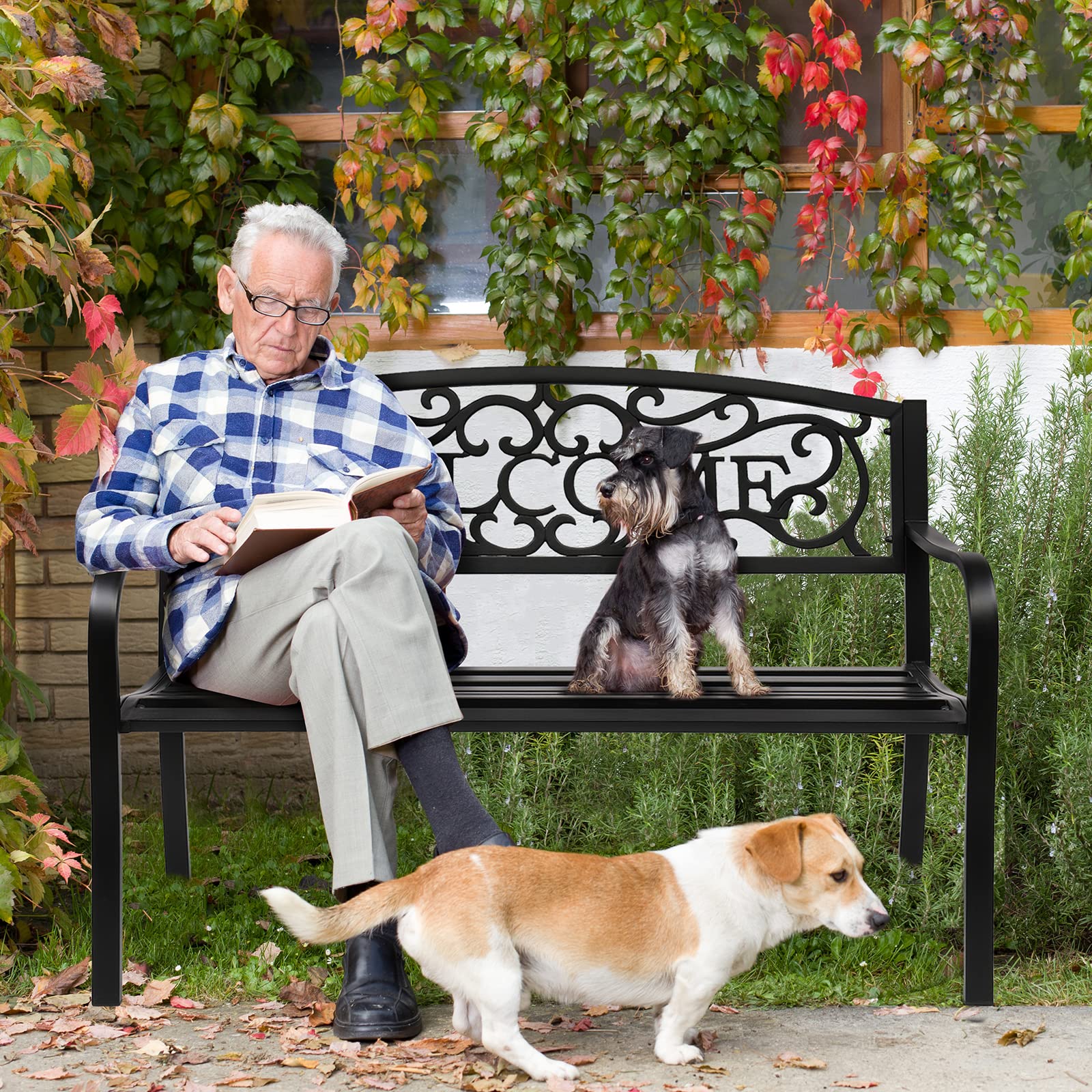 50" Outdoor Bench Metal with Welcome Back