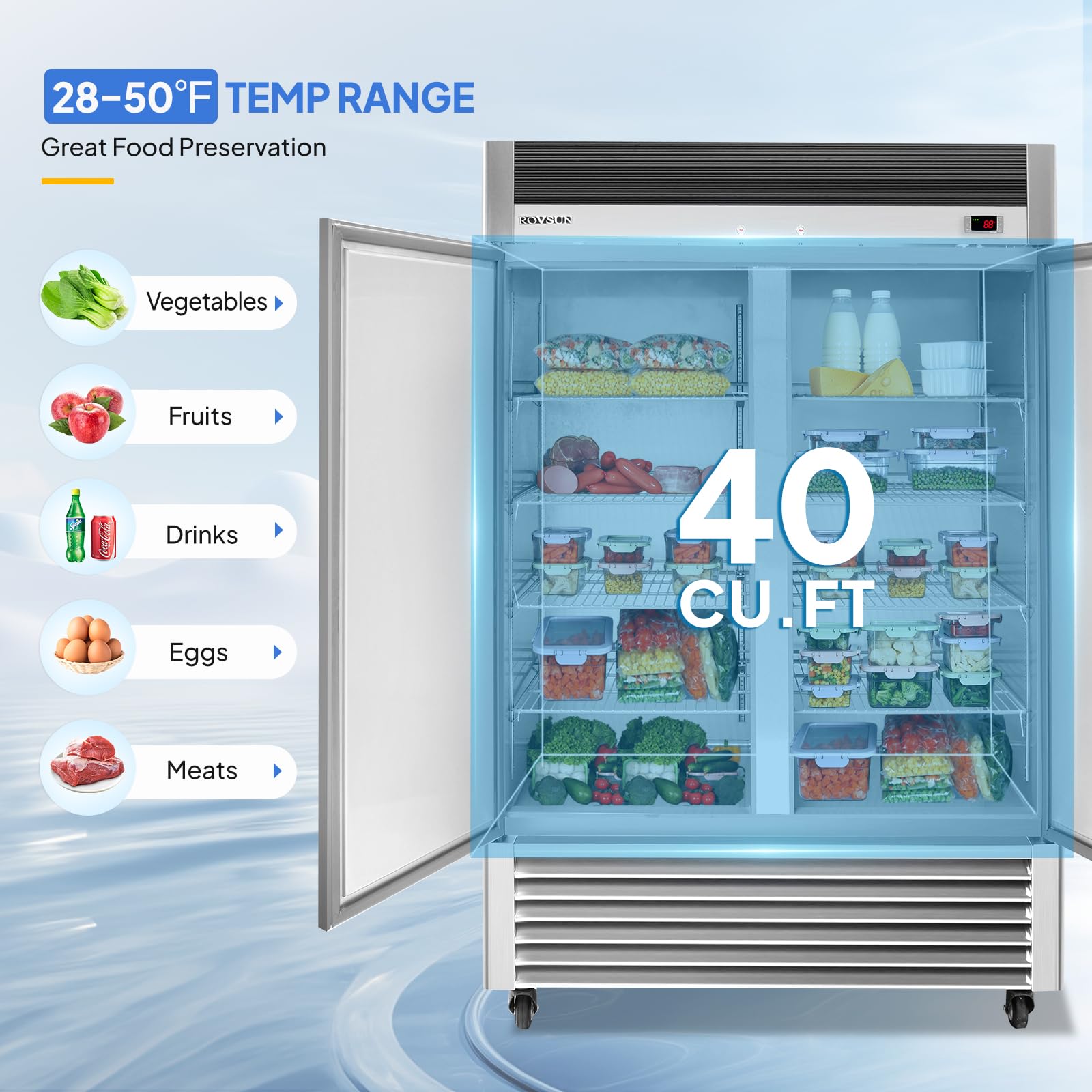 ROVSUN 54" 40 Cu.Ft. 550W 115V Double Door Reach-In Refrigerator