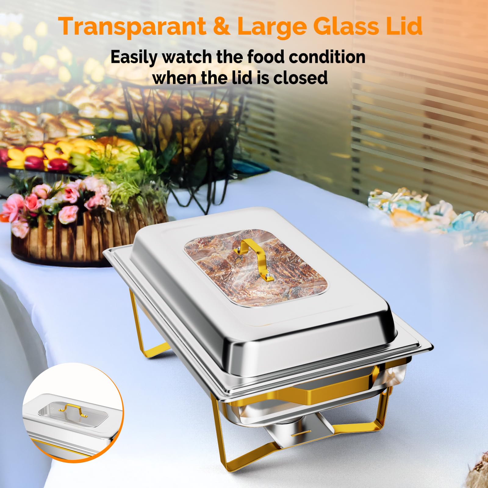 ROVSUN 9 QT Rectangle Gold Chafing Dish Set with Glass Lid & Full Size Pans
