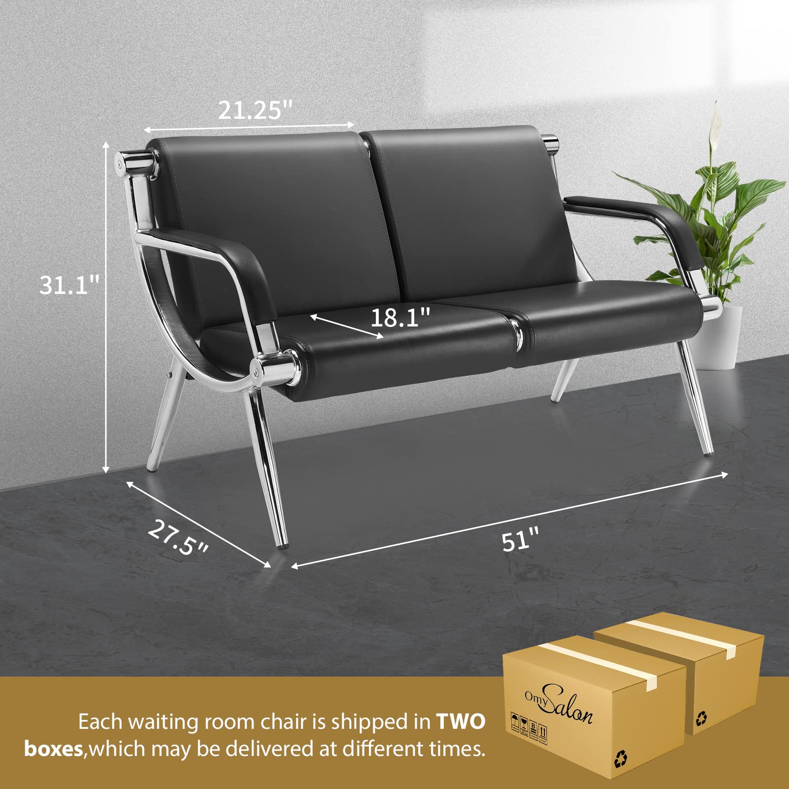 51" 2 Seat Waiting Chair Bench Seating PU Leather Black