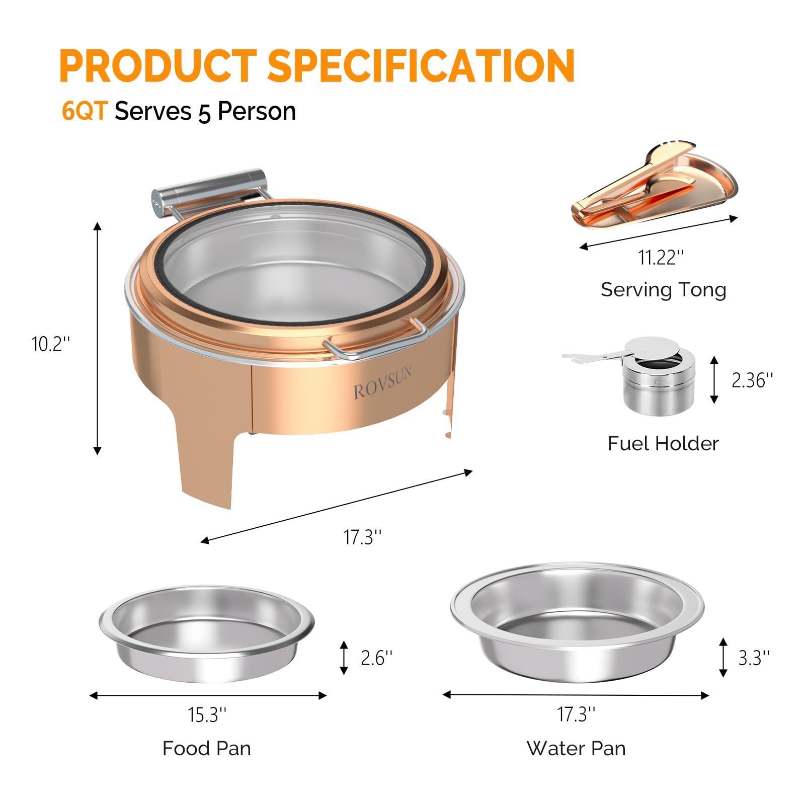 ROVSUN 6 QT Round Rose Gold Chafing Dish Buffet Set with Serving Tong