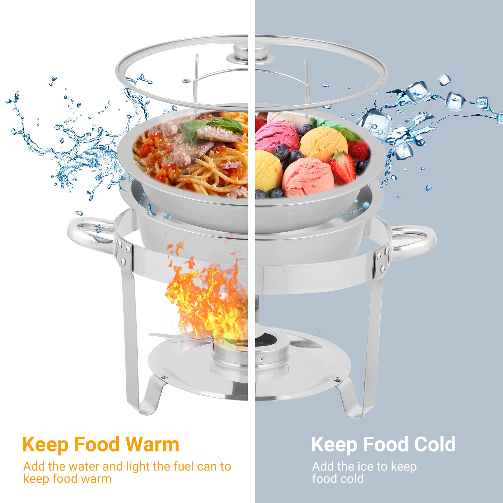 ROVSUN 5 QT Round Silver Chafing Dish Set with Glass Lid & Lid Holder Silver