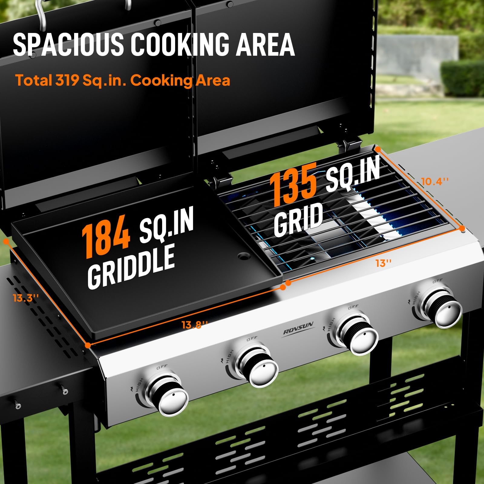 ROVSUN 4 Burner 2-in-1 Propane Grill and Griddle Combo Standing with Lid