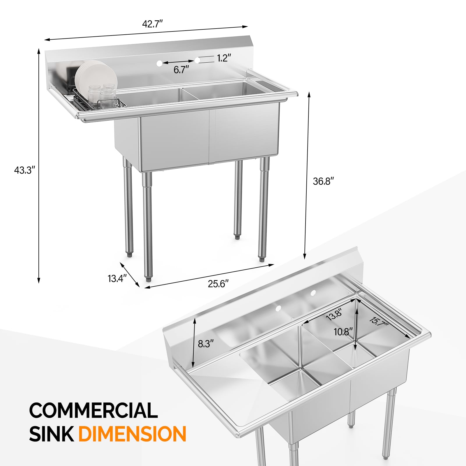 ROVSUN 43" x 20" 2 Compartment 304 Stainless Steel Sink with Right Side Drainboard