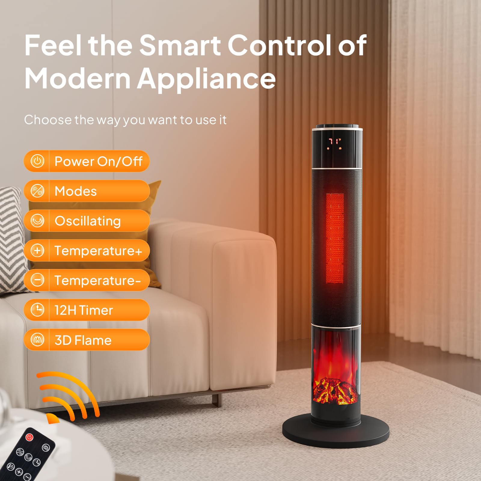 33"H 1500W 120V Electric Space Heater with Remote Black