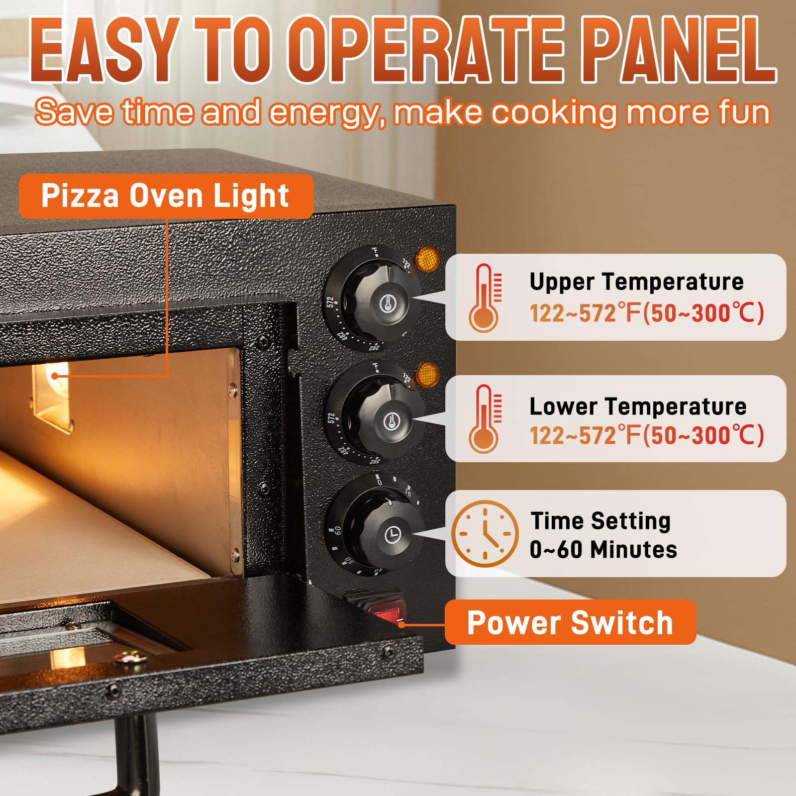 14" 2000W 110V Single Deck Pizza Oven with Visible Window Black
