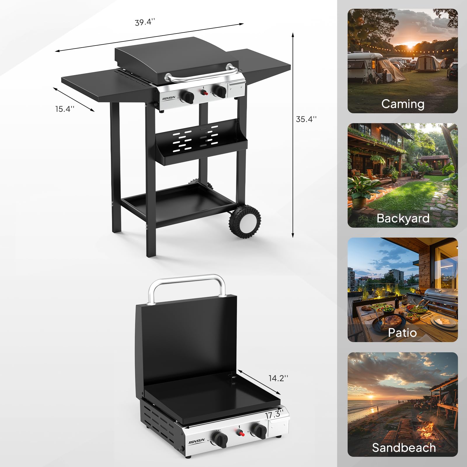ROVSUN 2 Burner 20,000 BTU Portable Propane Rolling Flat Top Gas Grill with Stand & Lid
