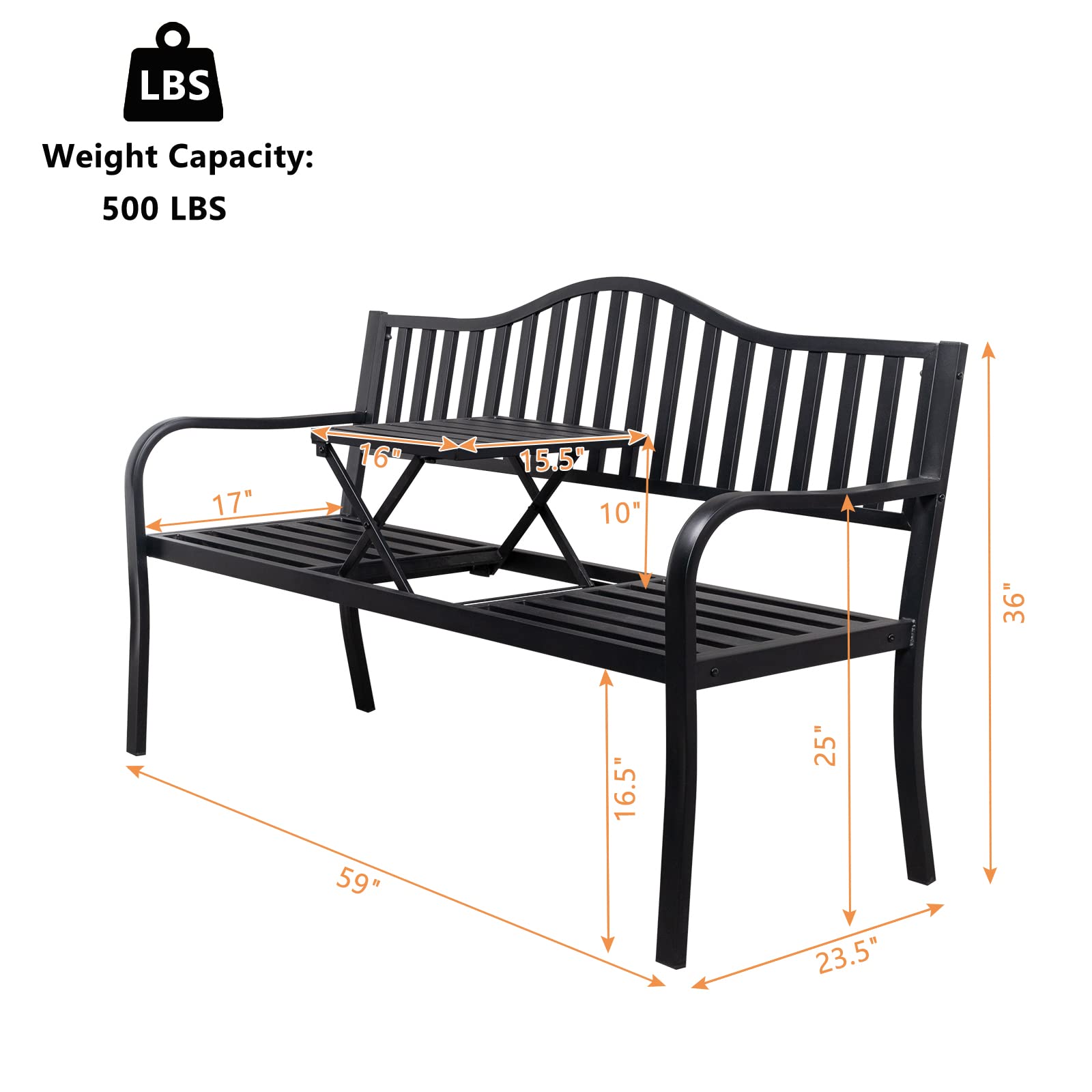 59" Outdoor Bench Metal with Built in Table & Waterproof Cover