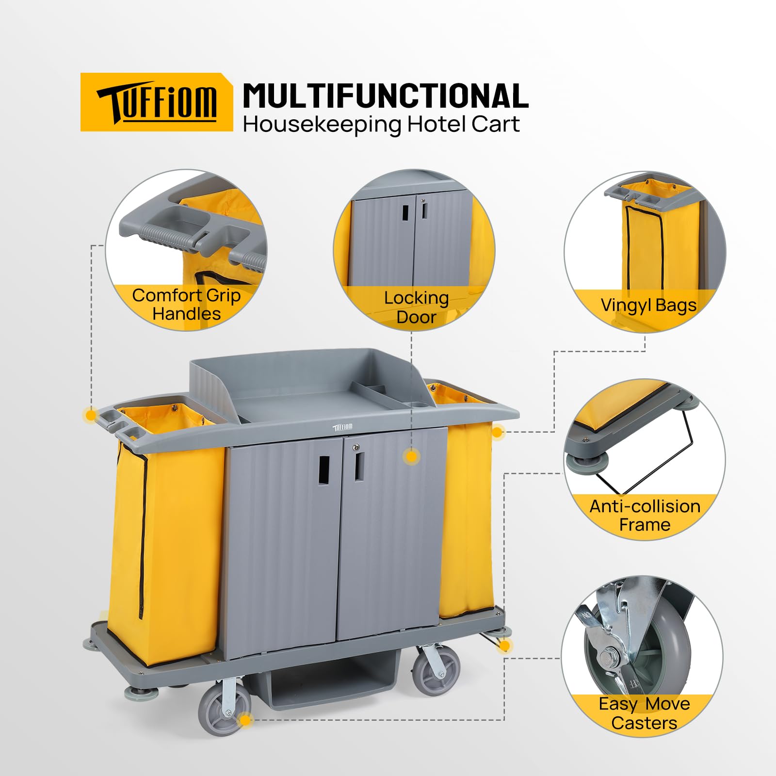 60" Multifunctional Housekeeping Hotel Cart Janitorial Cart with Locking