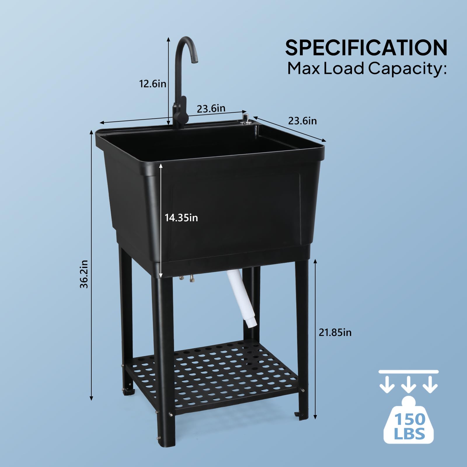 ROVSUN 24" x 24" Plastic Utility Sink with Storage Shelf Black