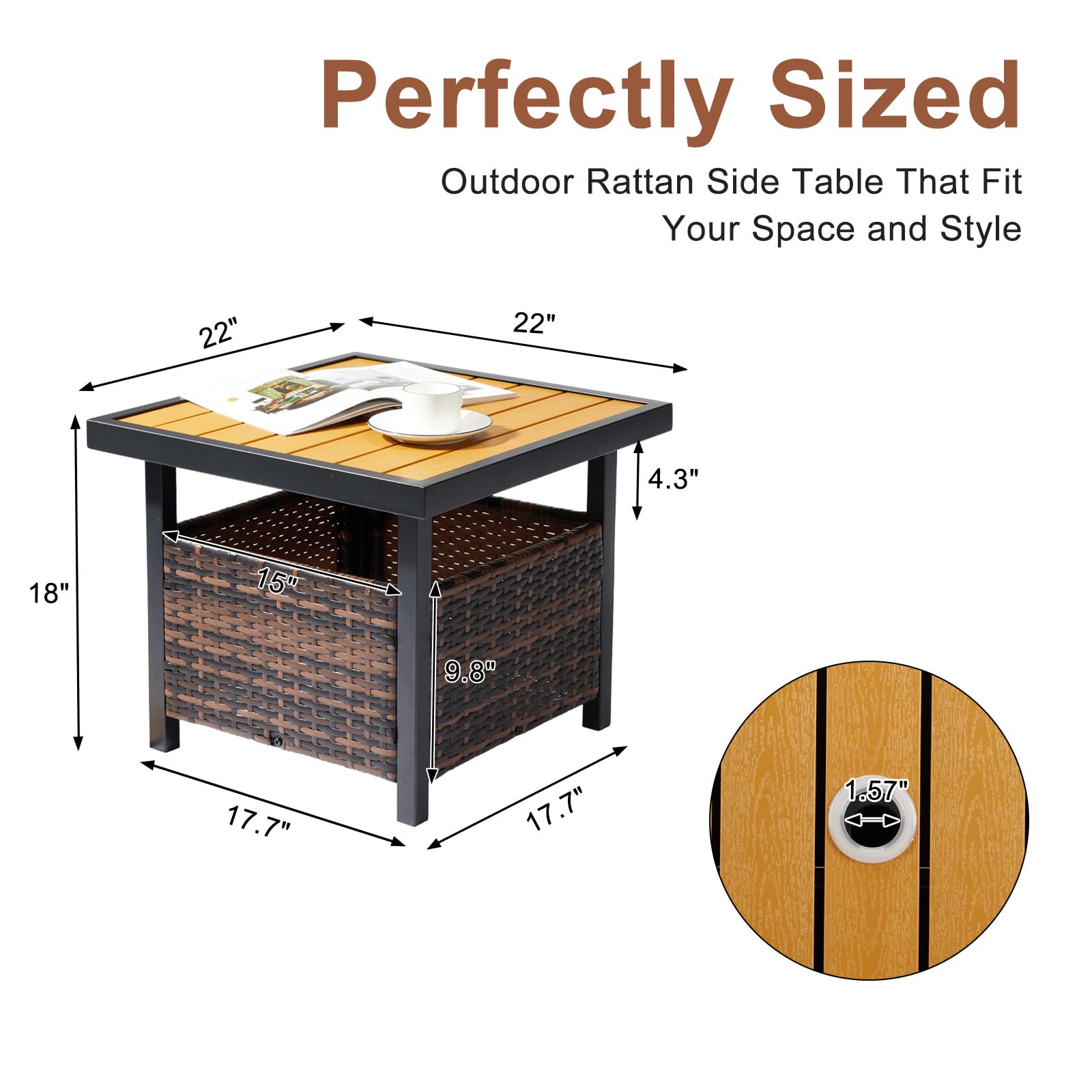 Outdoor Wicker Side Table with Umbrella Hole Yellow