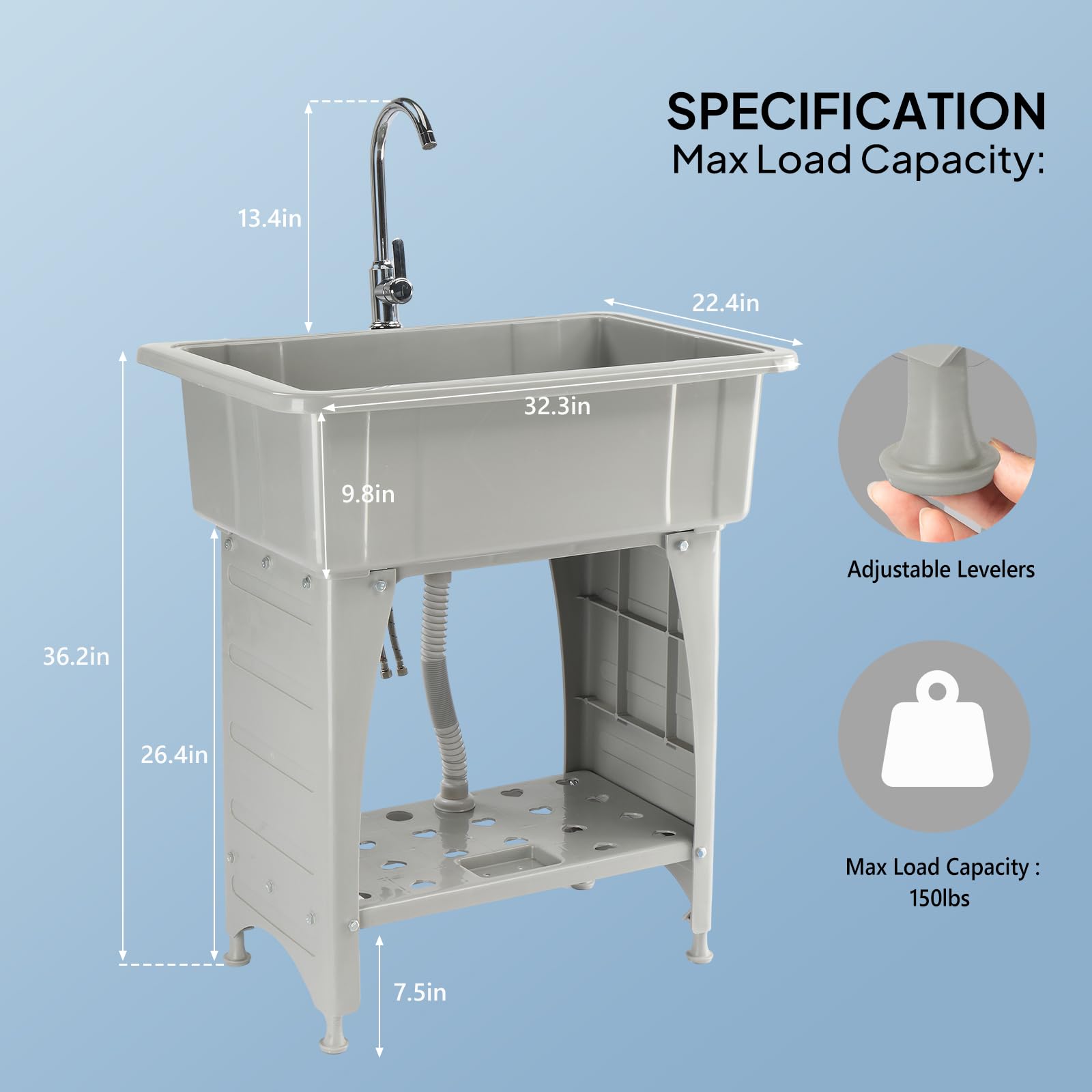 ROVSUN 32" x 22" Utility Sink Laundry Tub with Hot & Cold Faucet Gray