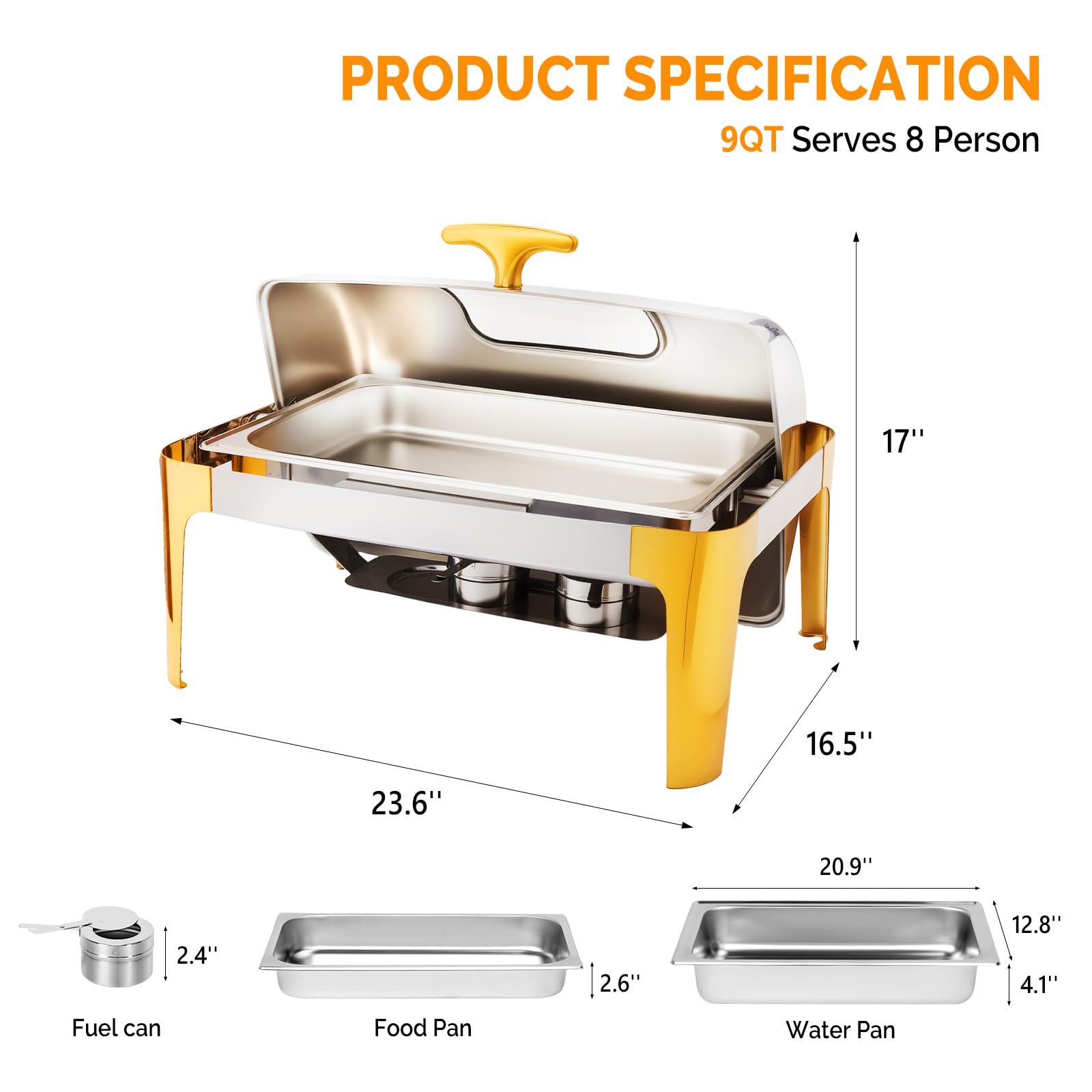ROVSUN 9 QT Roll Top Rectangular Silver-Gold Chafing Dish Buffet Set with Visible Window