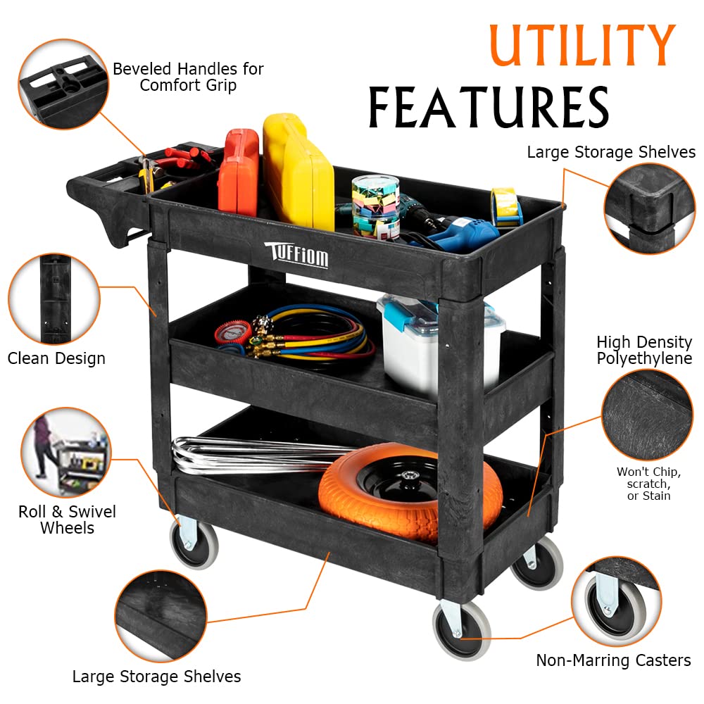 3-Tier 40" x 17" 550 lb. Capacity Plastic Utility Cart with Wheels Black