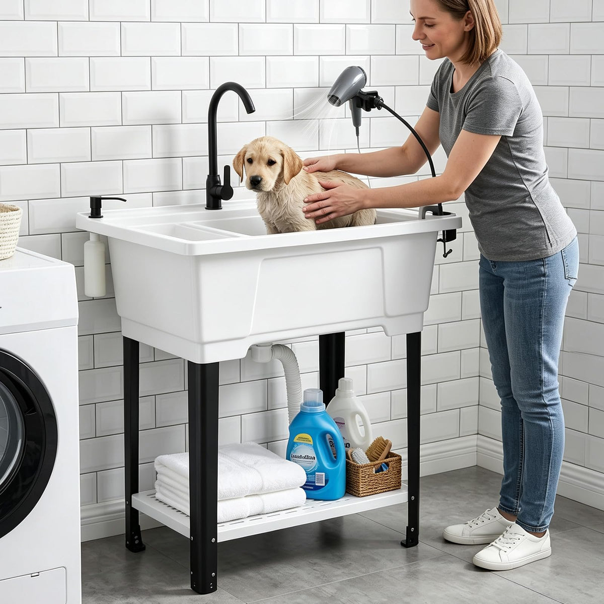 ROVSUN 32" X 22" Freestanding Pet Washing Station Utility Sink White