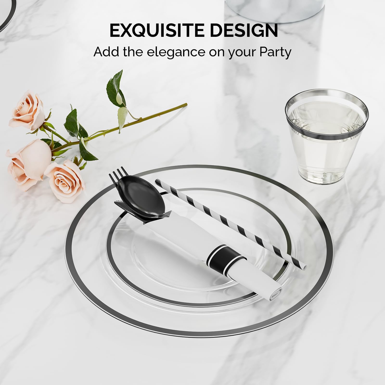 ROVSUN 400 Pieces Pre Rolled Napkins Black Disposable Plastic Dinnerware Set for 50 Guests